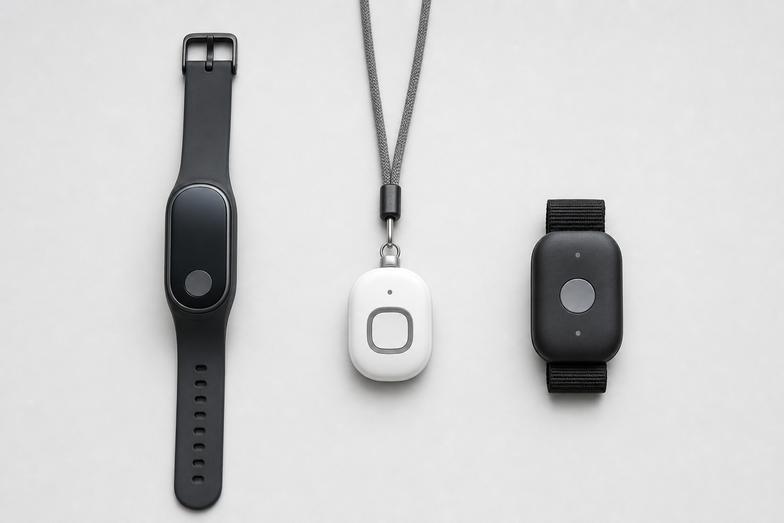 Three modern medical alert devices arranged in a flat lay on a gray surface