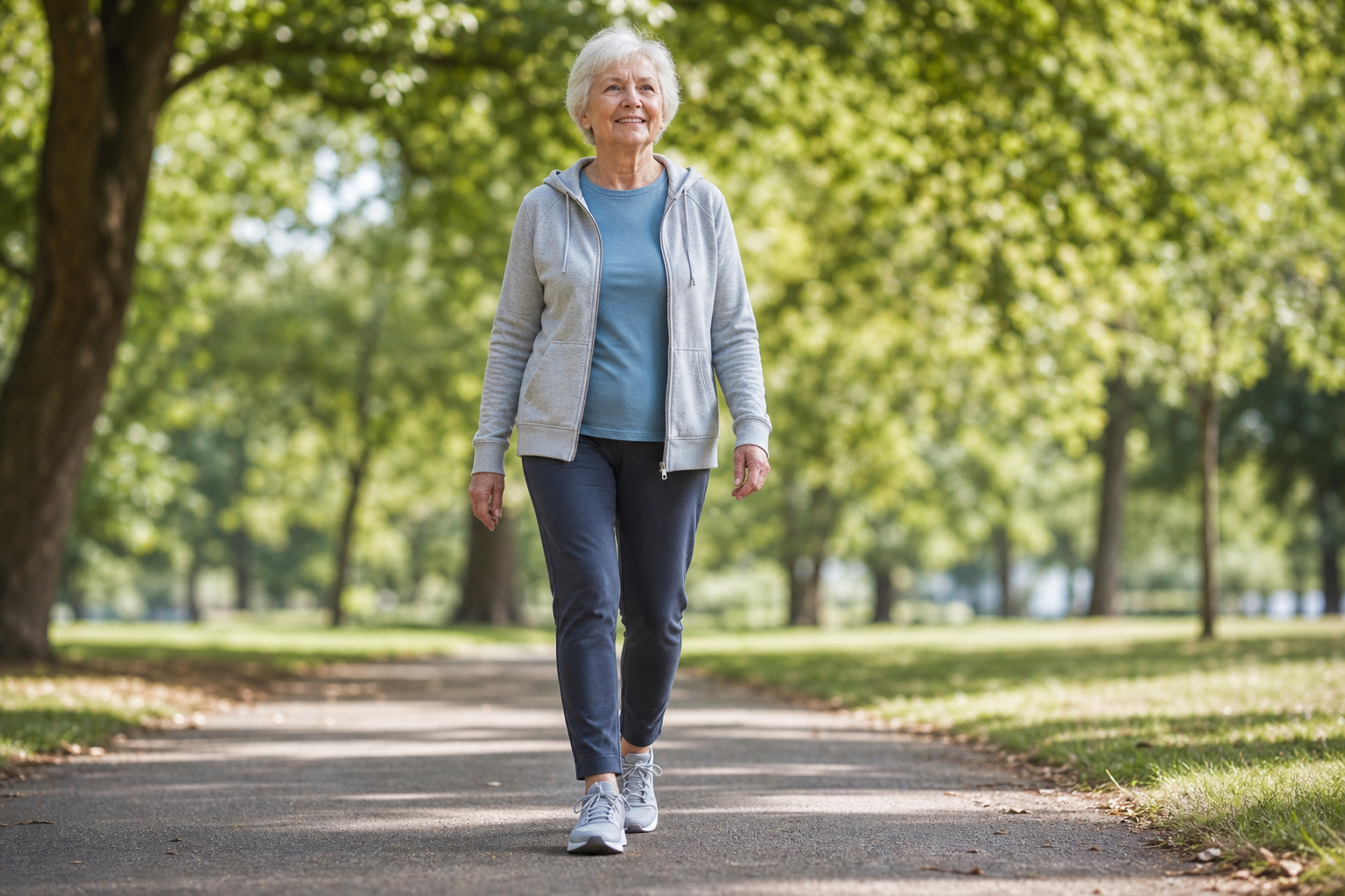 Elderly woman walking confidently outdoors wearing supportive balance-focused walking shoes