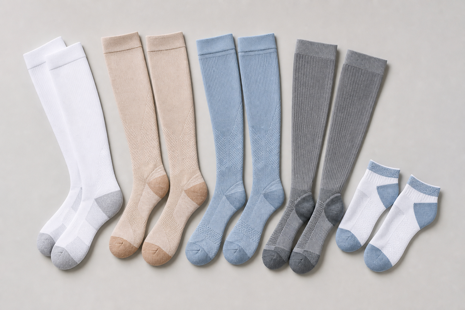 Assorted compression socks for seniors displayed in a flat lay arrangement
