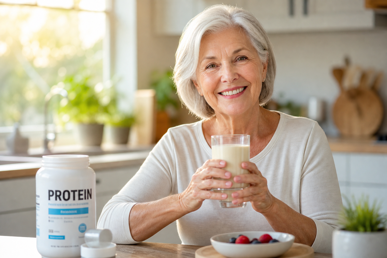 Smiling elderly woman holding a protein shake at a bright kitchen table