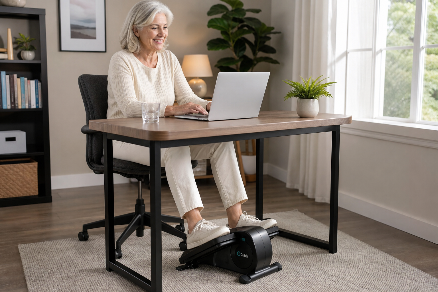 Senior woman using an under-desk elliptical while working at her home desk