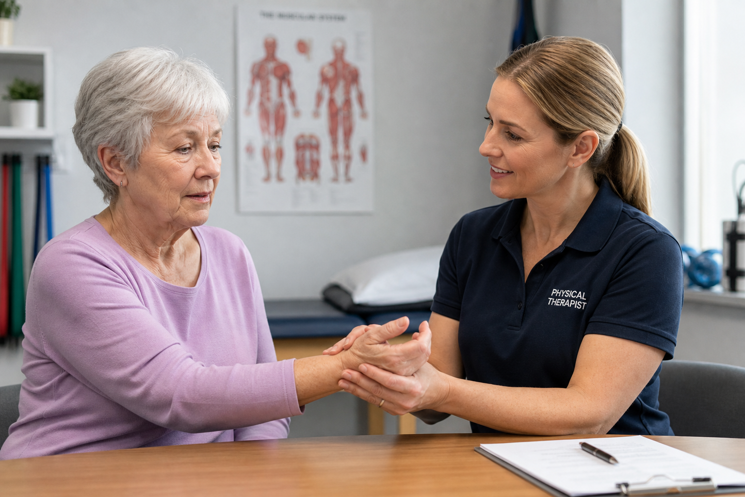 Elderly woman having her wrist examined by a physical therapist in a clinical office setting