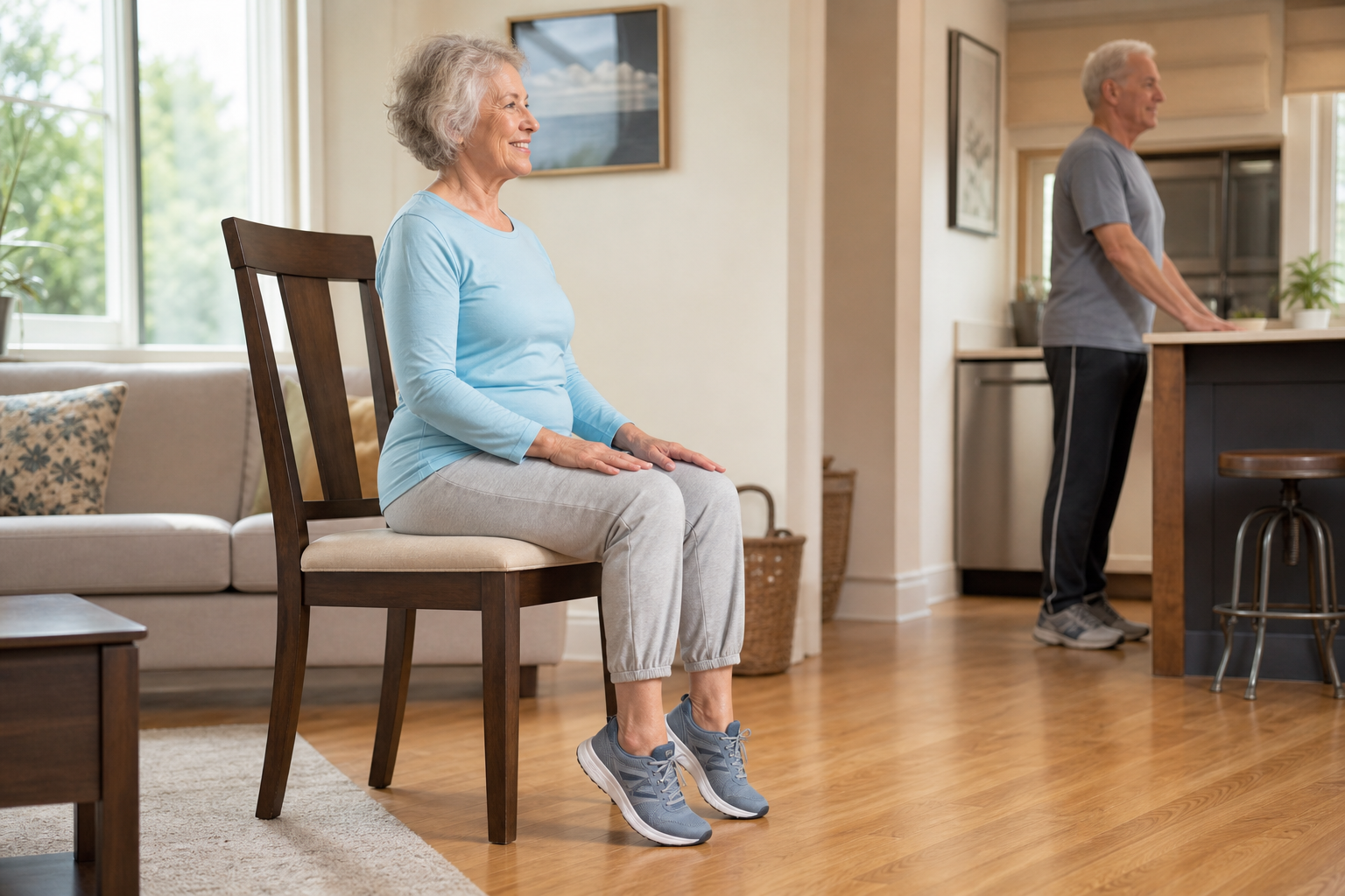 Older woman doing seated calf raises on a chair with a man doing supported standing calf raises in the background