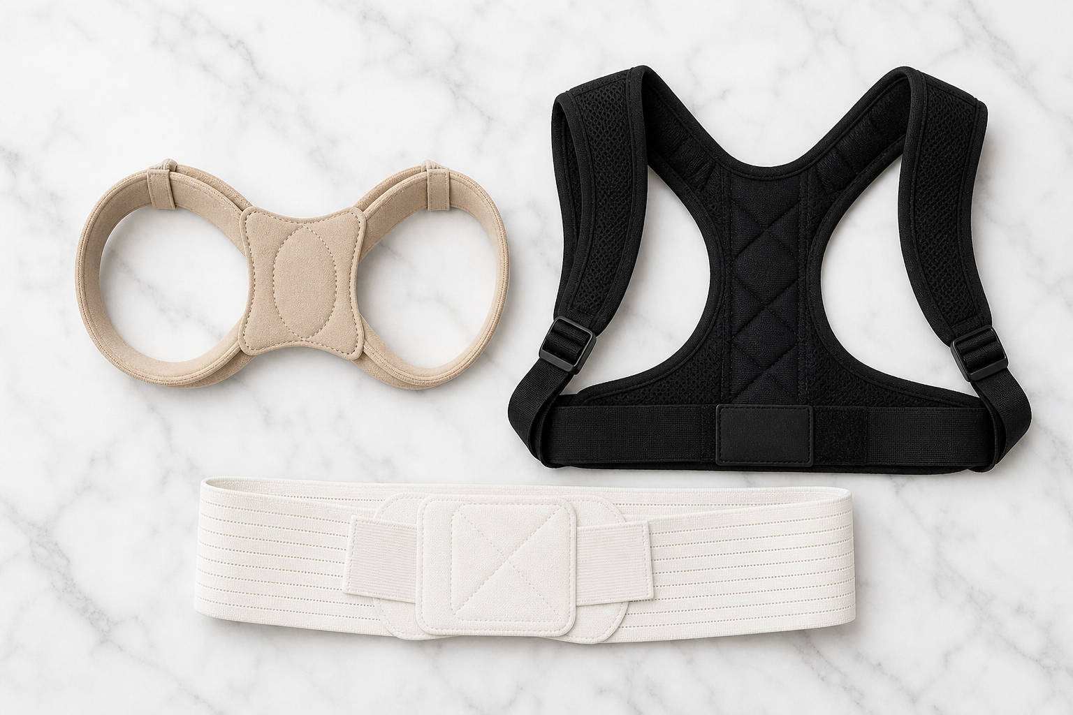 Three different types of posture correctors laid out flat on a white marble surface
