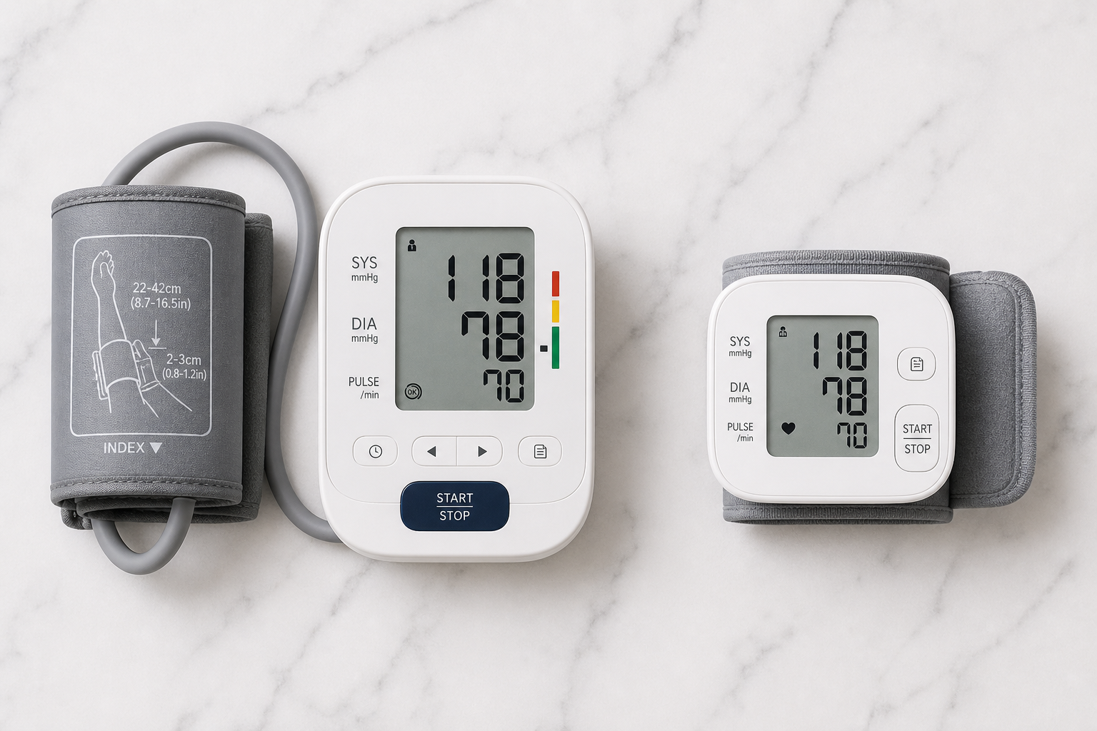 Side-by-side comparison of upper-arm and wrist blood pressure monitors