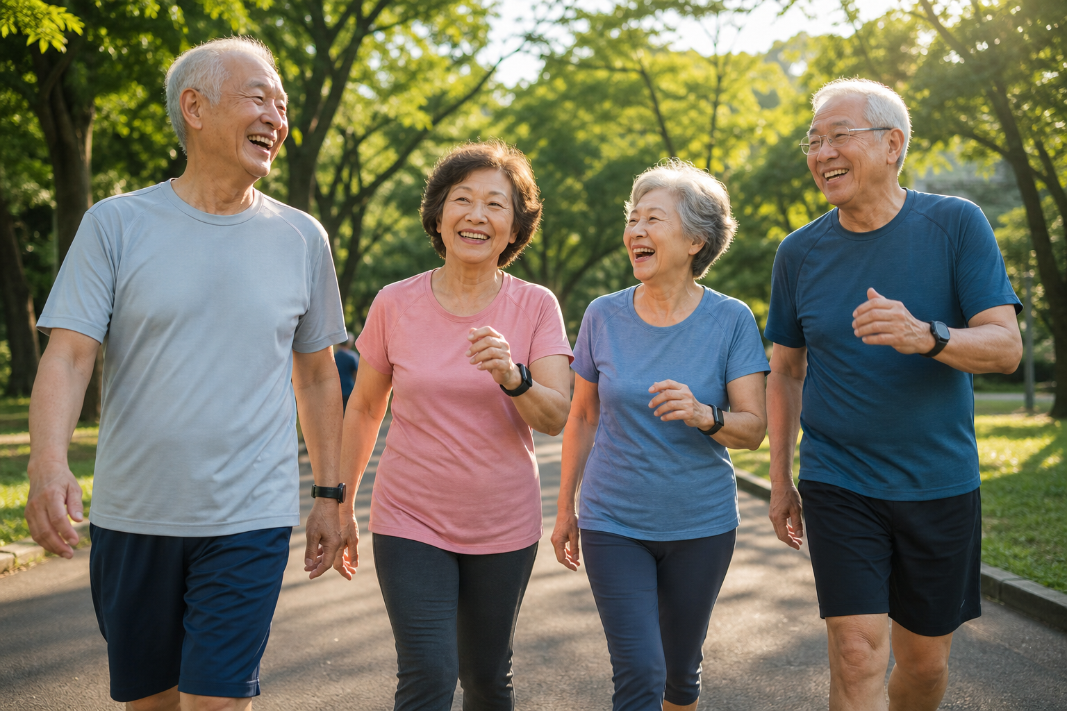A group of older adults laughing and exercising together outdoors in a sunny park