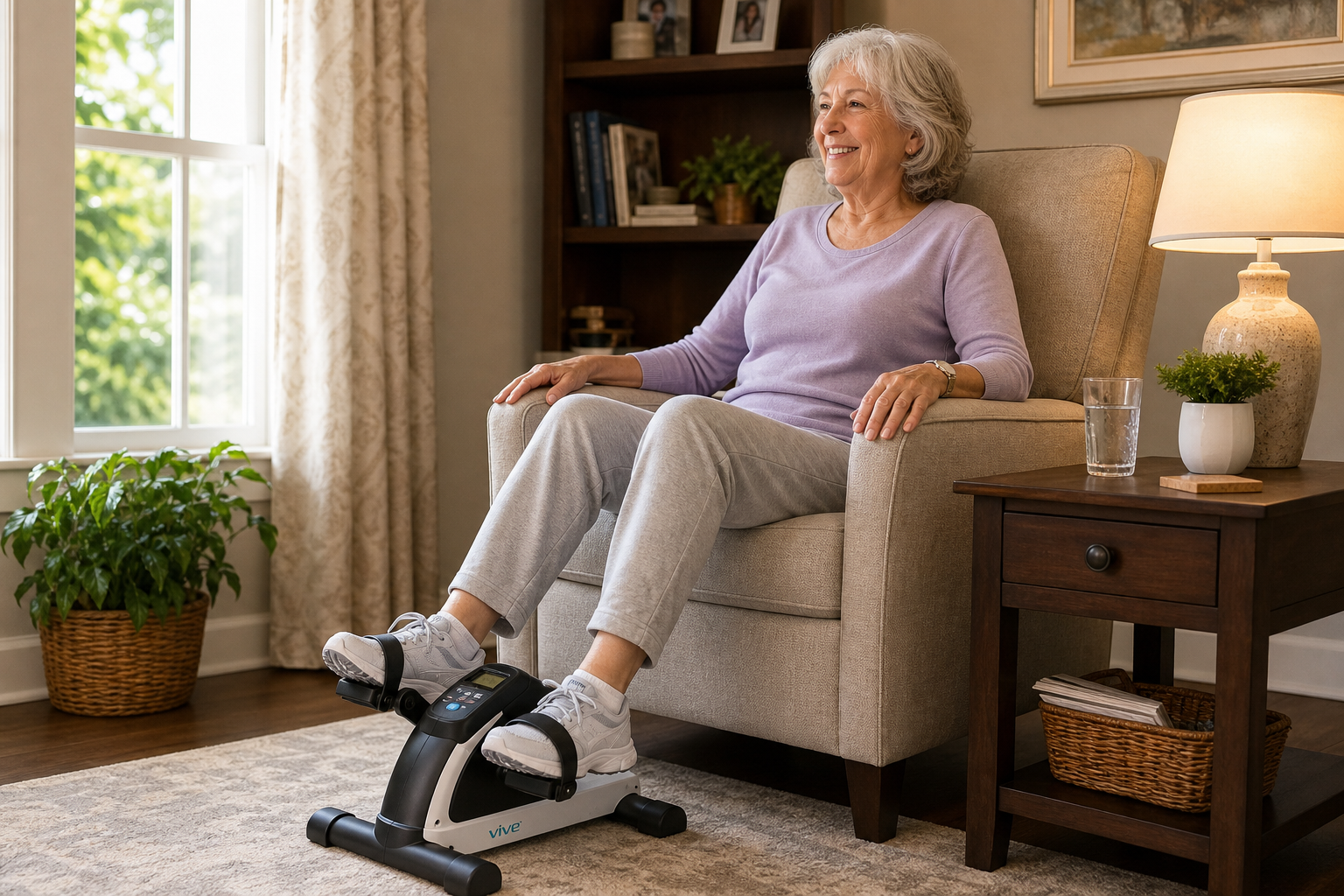 Older woman using a compact pedal machine while sitting in a living room chair