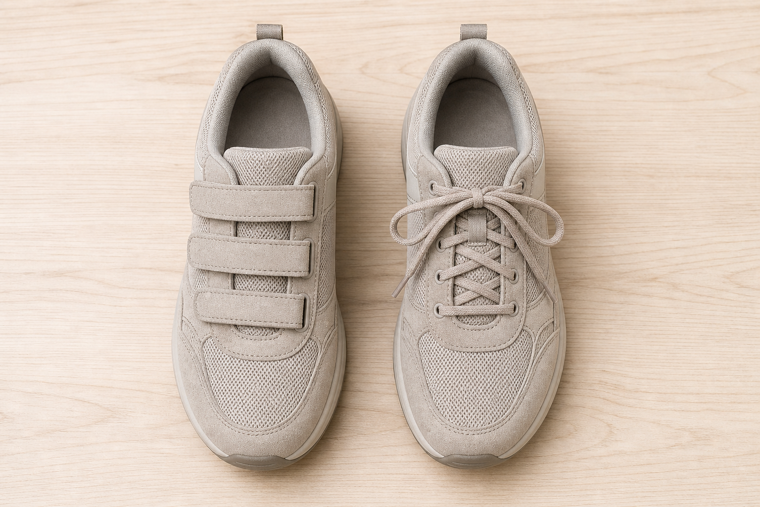 Two walking shoes side by side comparing Velcro strap closure and traditional lace closure