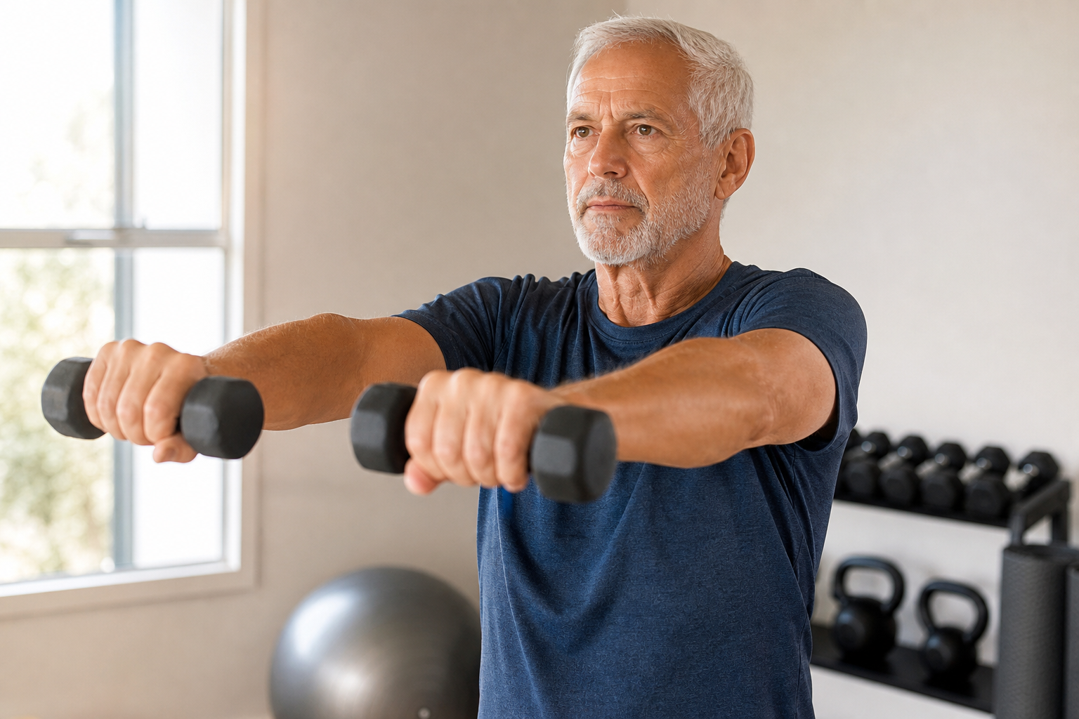 An older man lifting dumbbells in a bright home gym, illustrating muscle strength in older adults