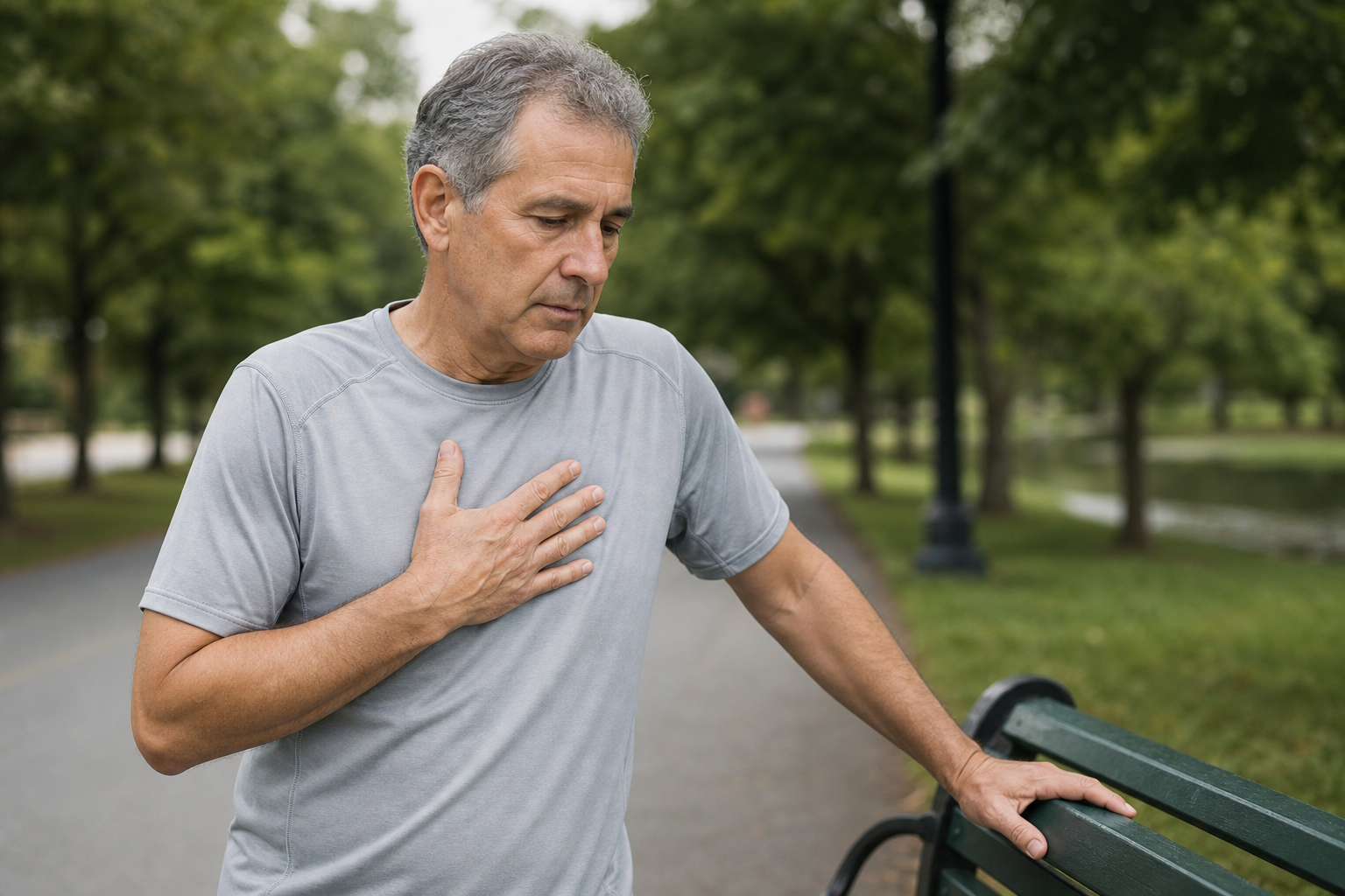Man pausing his jog and placing a hand on his chest as a warning sign during exercise