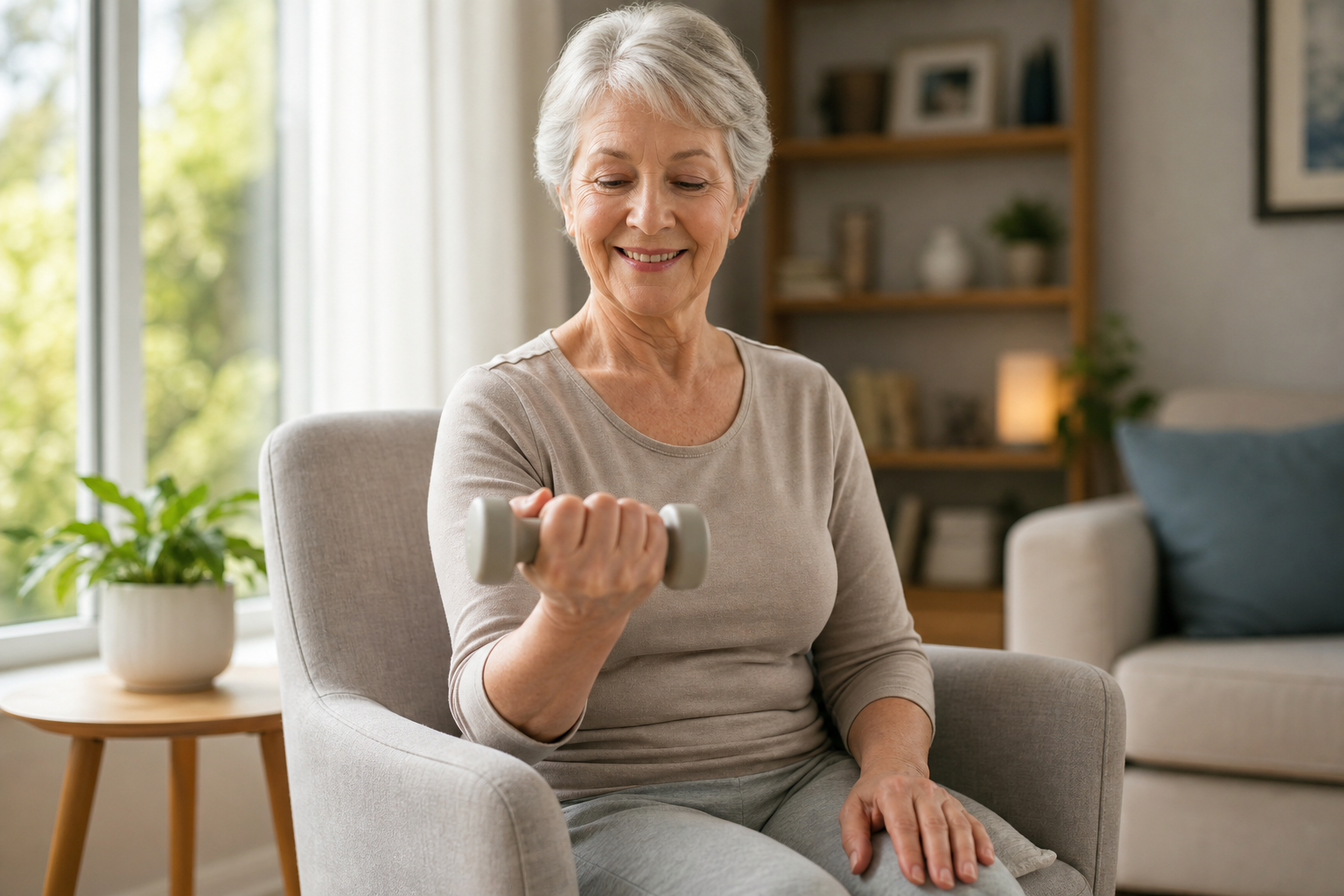 Elderly woman sitting in a chair performing a gentle wrist curl exercise with a small dumbbell
