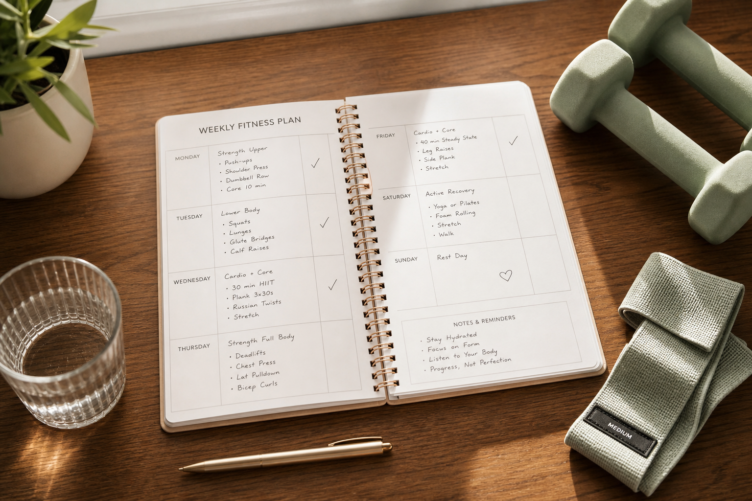 A fitness planner with a weekly workout schedule laid out on a desk beside dumbbells and a resistance band