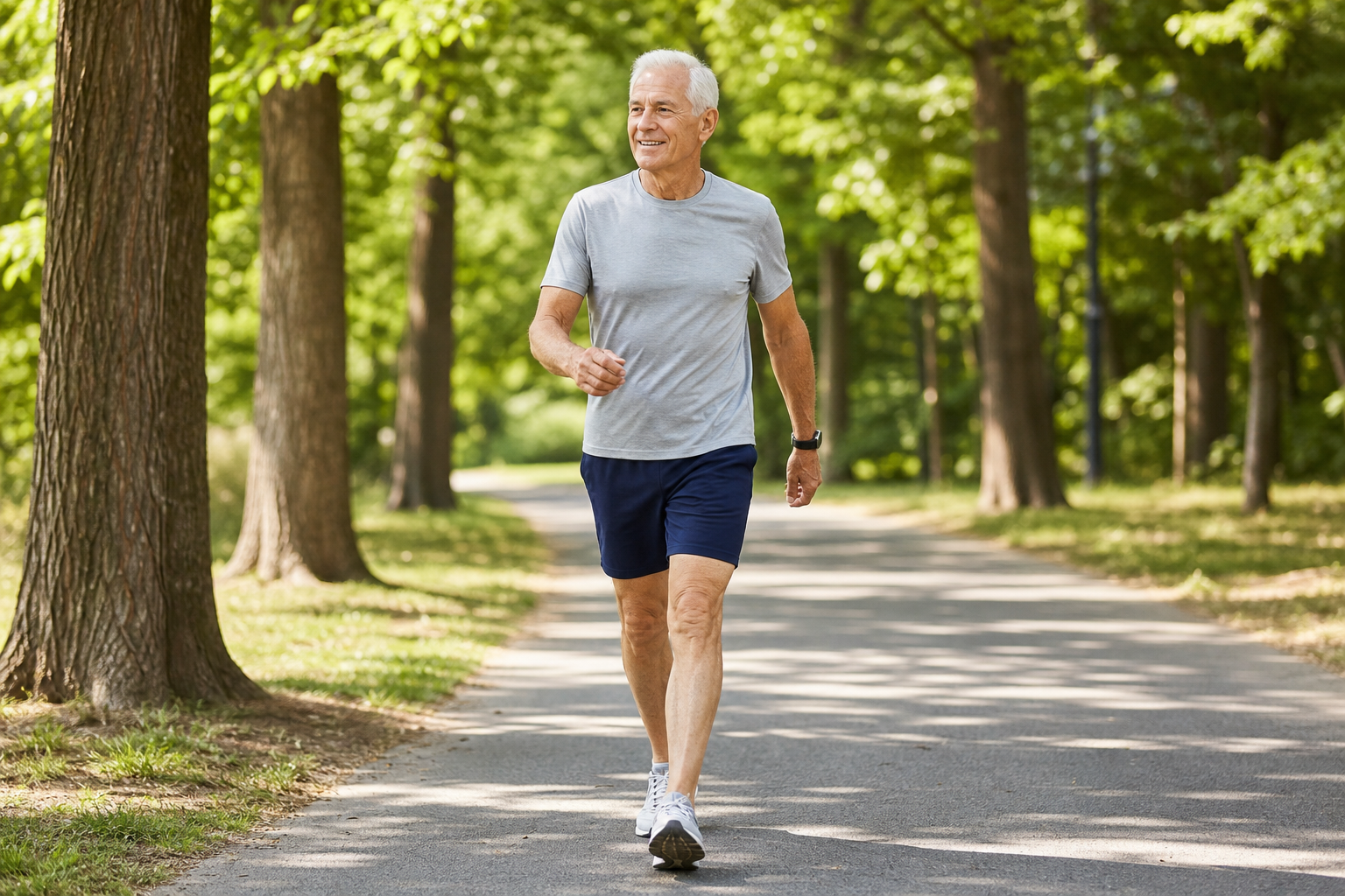 Active senior man walking briskly in a sunny park as a form of weight-bearing exercise for bone health