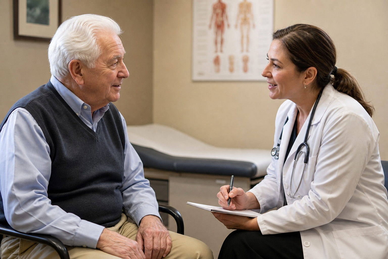 Elderly man consulting with a female doctor in a warm clinical setting