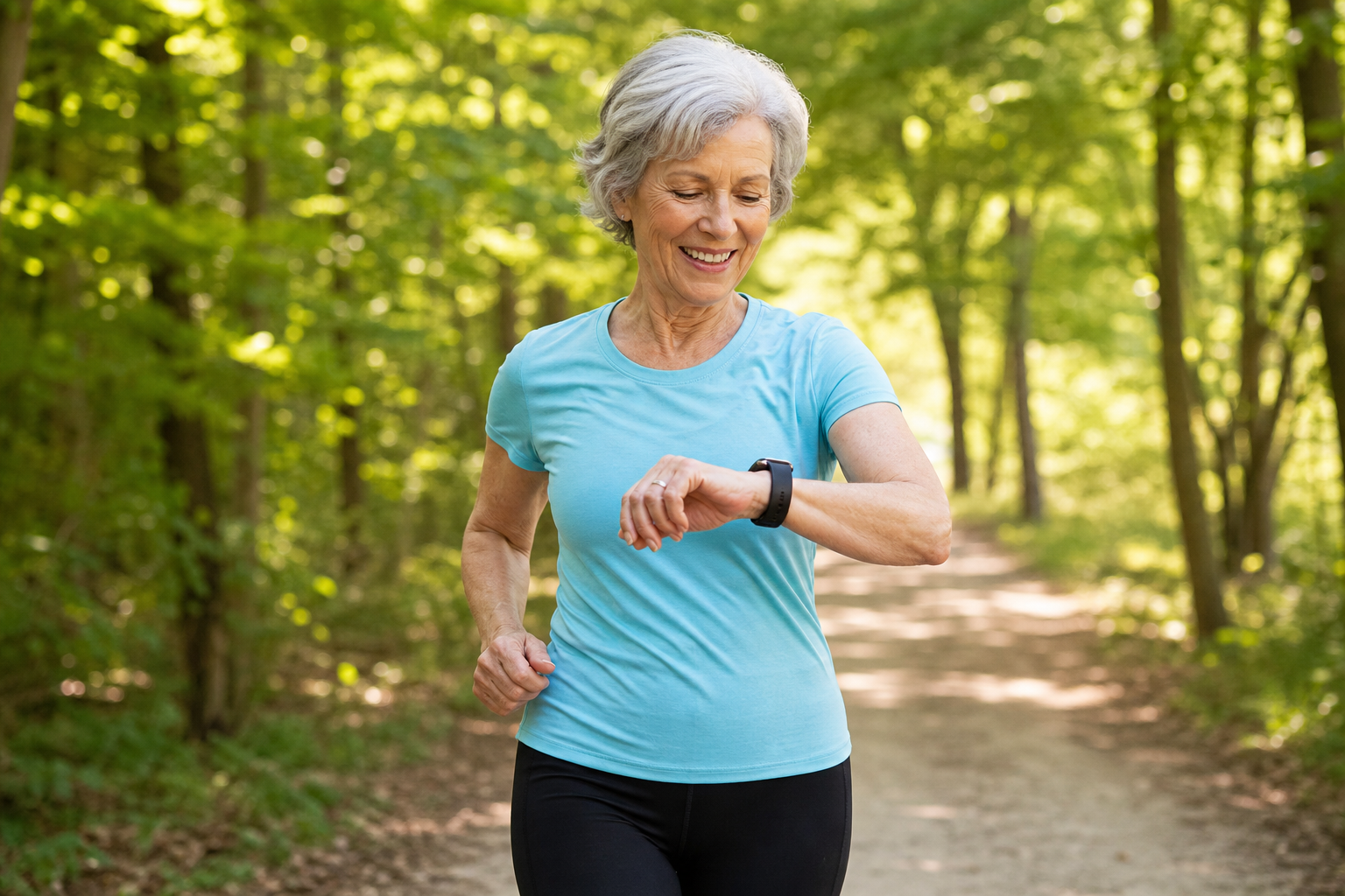 Active senior woman jogging outdoors wearing a medical alert wrist device