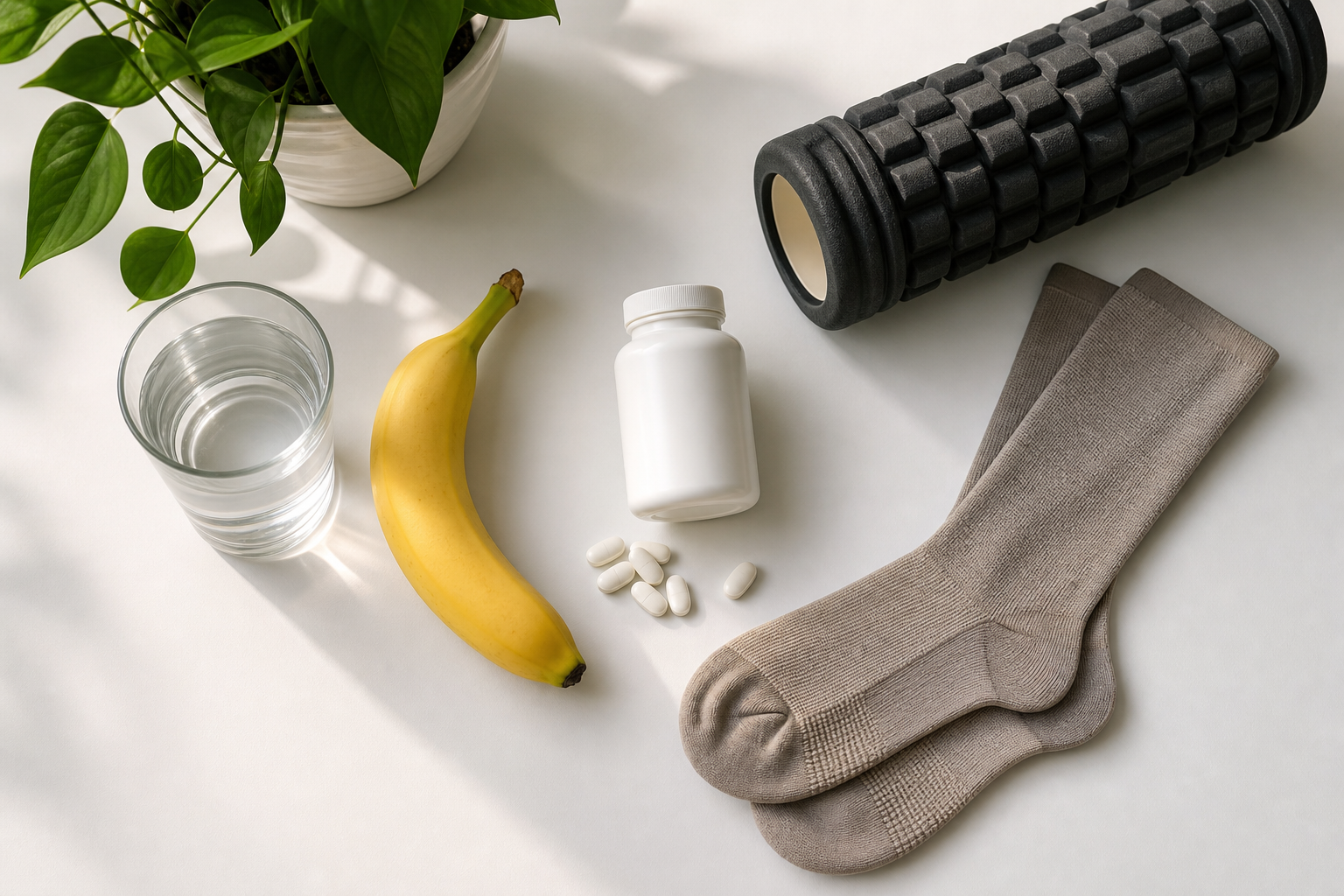 Top-down view of natural leg cramp remedies including water, banana, magnesium supplements, foam roller, and compression socks