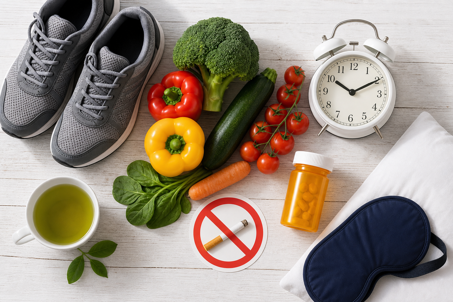 Overhead flat lay of lifestyle items representing factors that affect resting heart rate including exercise shoes, healthy food, tea, and medication