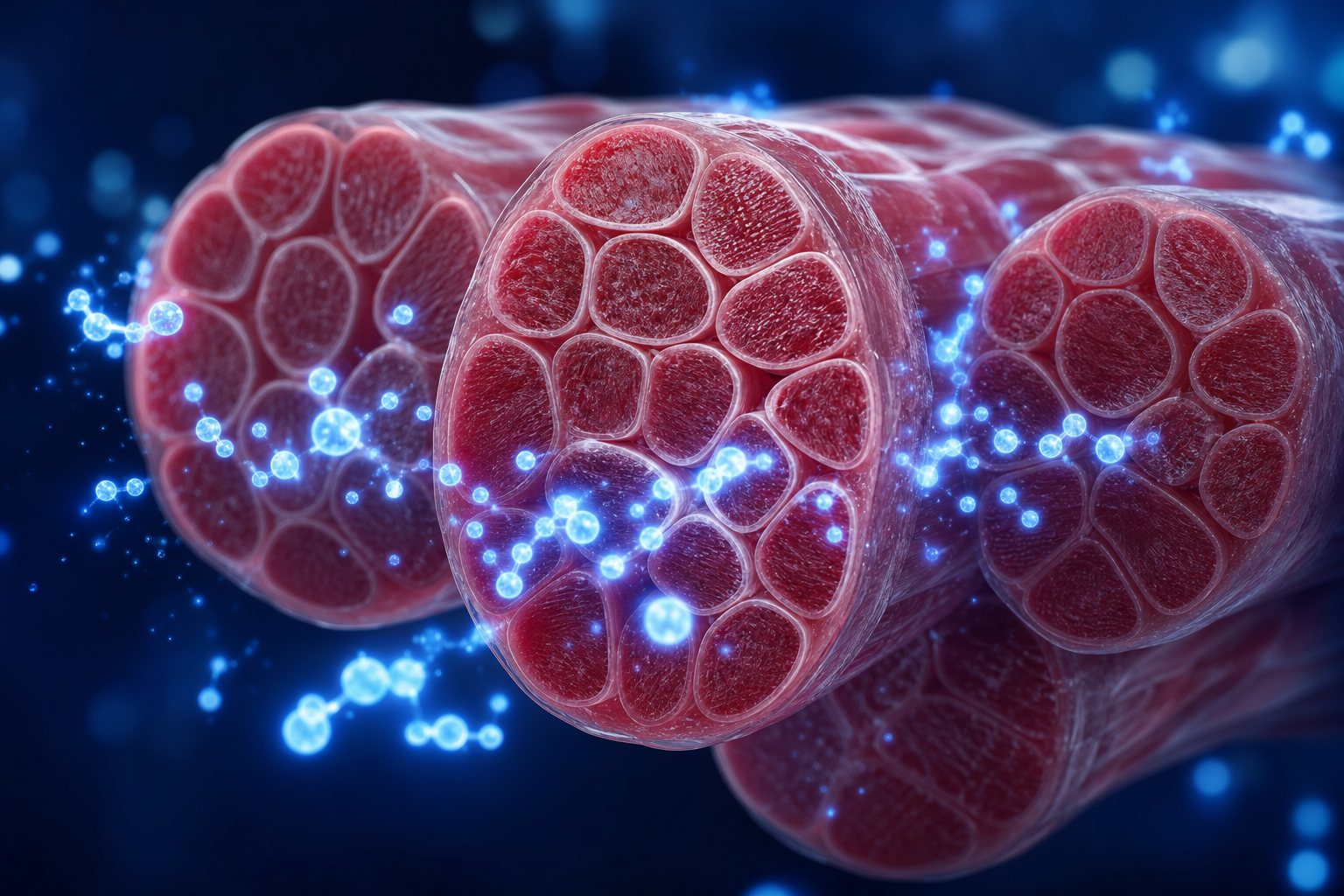 Close-up illustration of muscle fibers with energy molecules representing creatine activity in the body