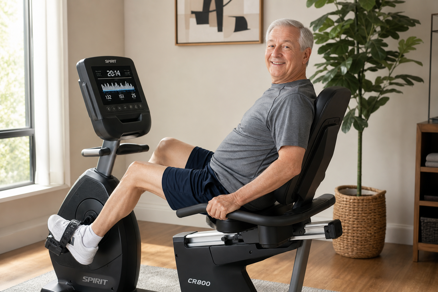 Senior man comfortably seated on a recumbent exercise bike with back support