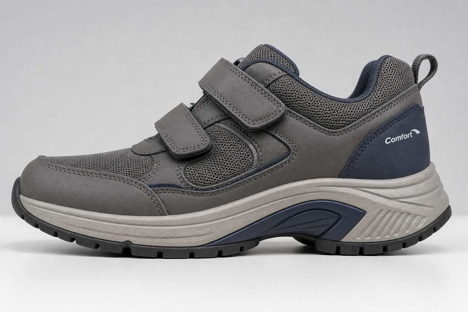 Close-up of a supportive senior walking shoe showing wide sole, tread, and ankle support features
