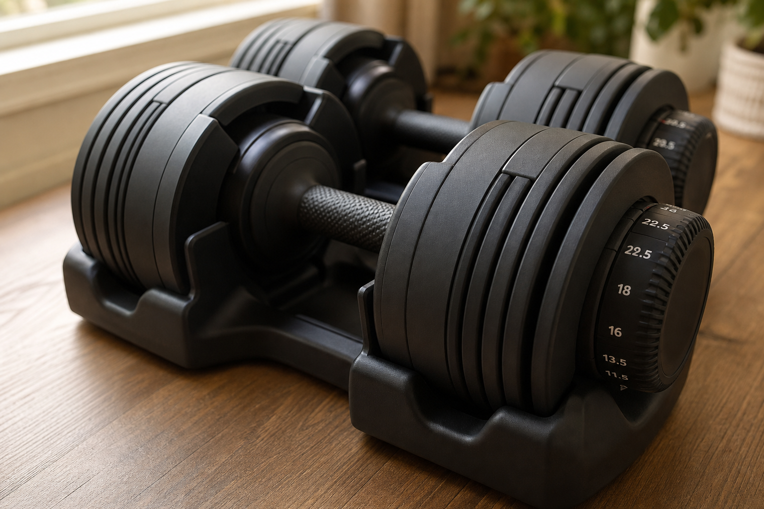 Close-up of adjustable dumbbells with ergonomic handles and easy-to-use weight selector dials