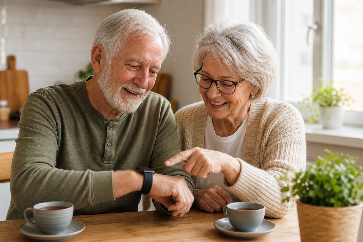Elderly couple examining a fitness tracker smartwatch together at a kitchen table