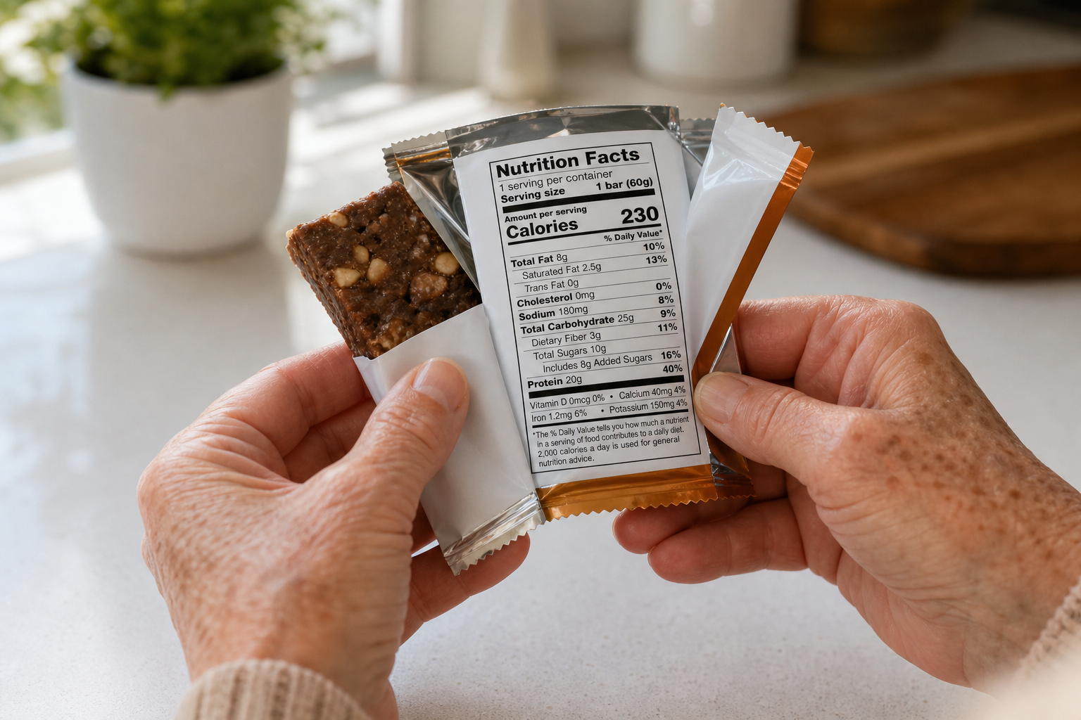 Senior's hands reading the nutrition label on a protein bar