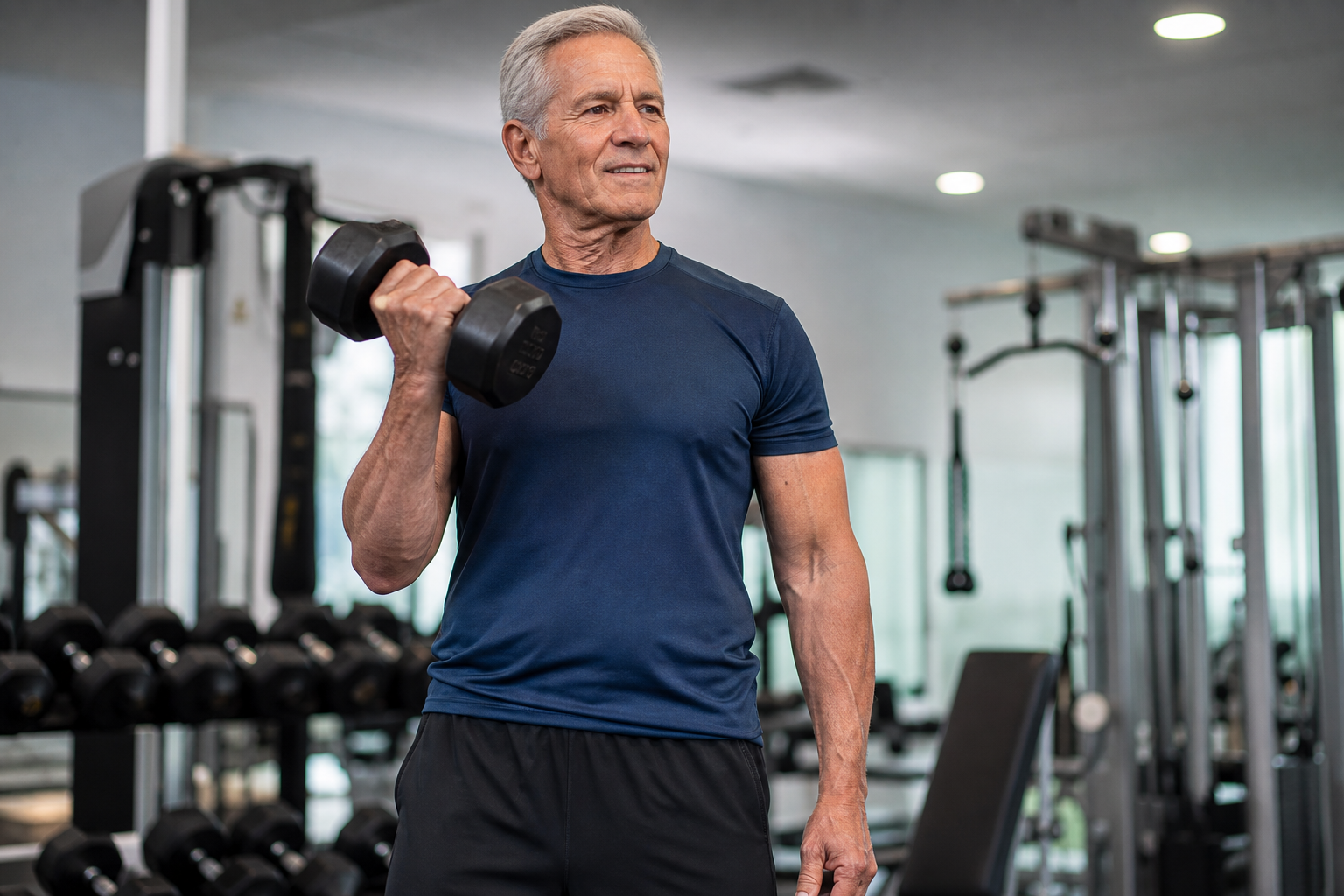 Older man lifting dumbbells during a strength training workout