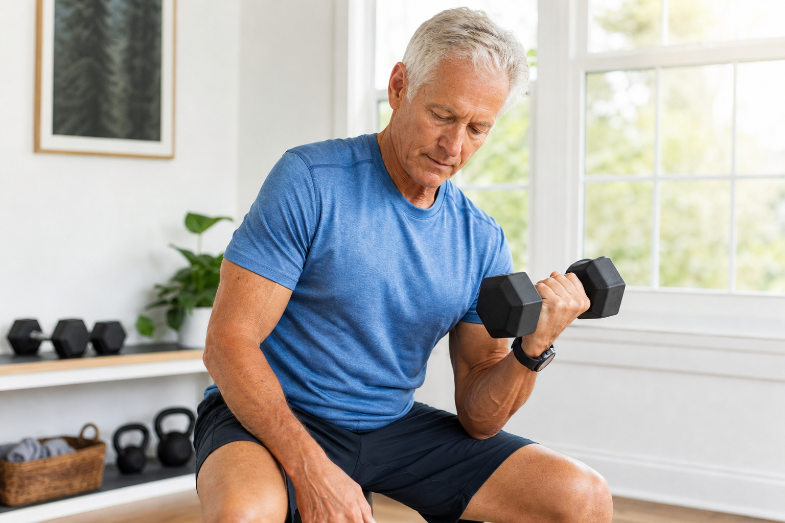 Senior man doing dumbbell curls during a home strength training session