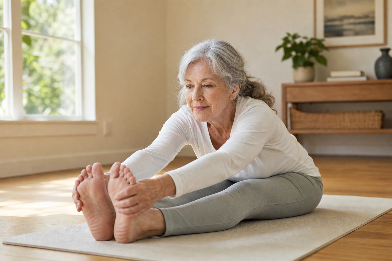 Senior woman doing a seated forward stretch on a yoga mat at home