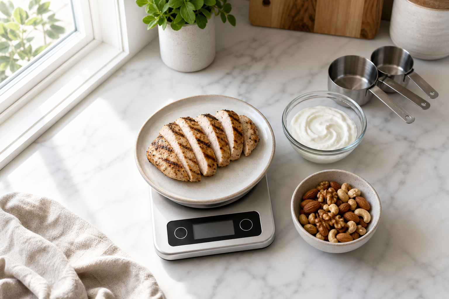 Measured portions of protein-rich foods including grilled chicken, Greek yogurt, and nuts on a kitchen scale