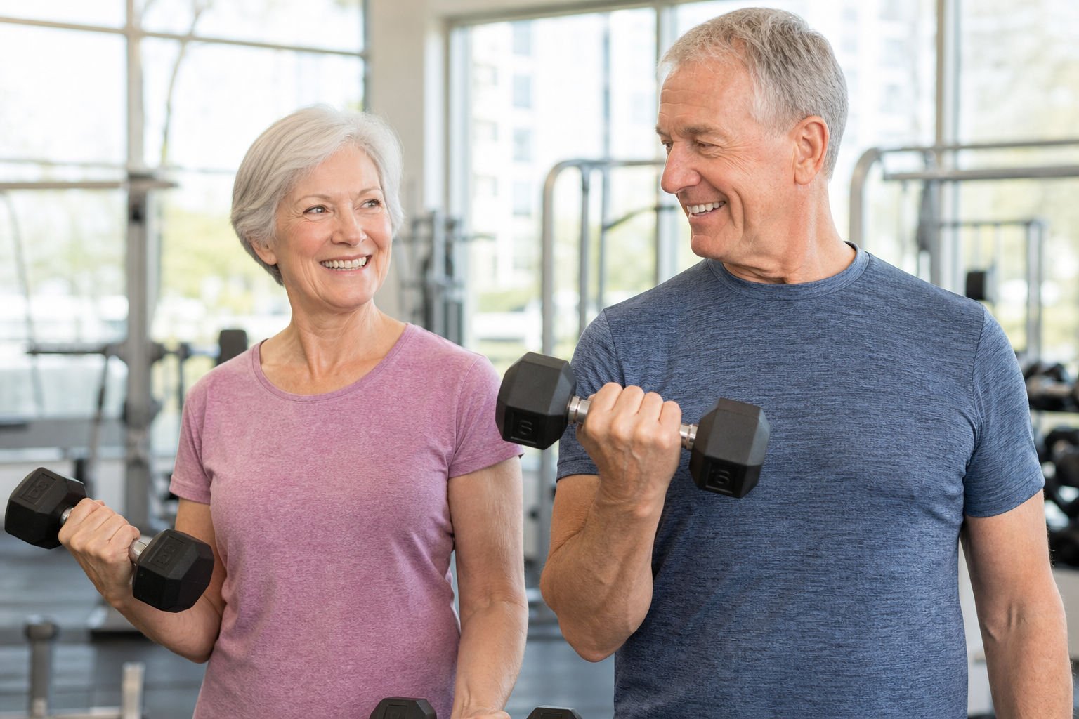 Older man and woman lifting dumbbells in a bright gym, representing research on creatine benefits for aging adults