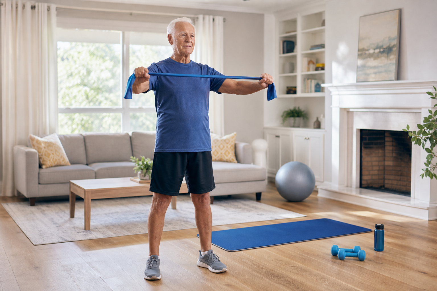 Older man doing resistance band exercise at home with yoga mat and dumbbells nearby