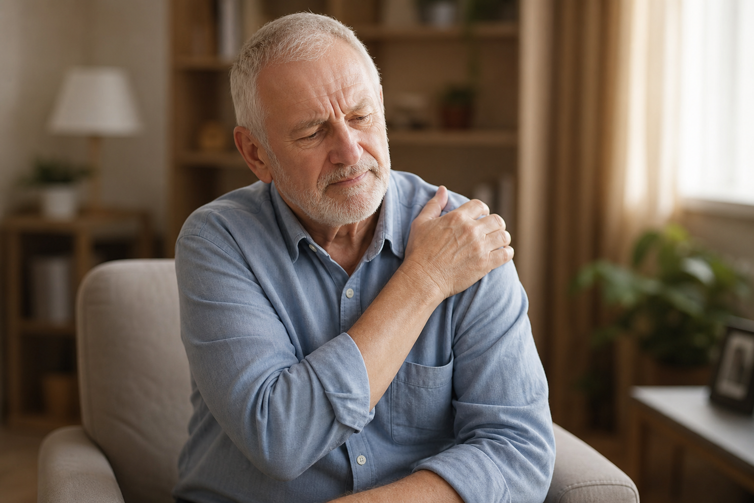 Elderly man seated at home gently holding his shoulder with a calm expression