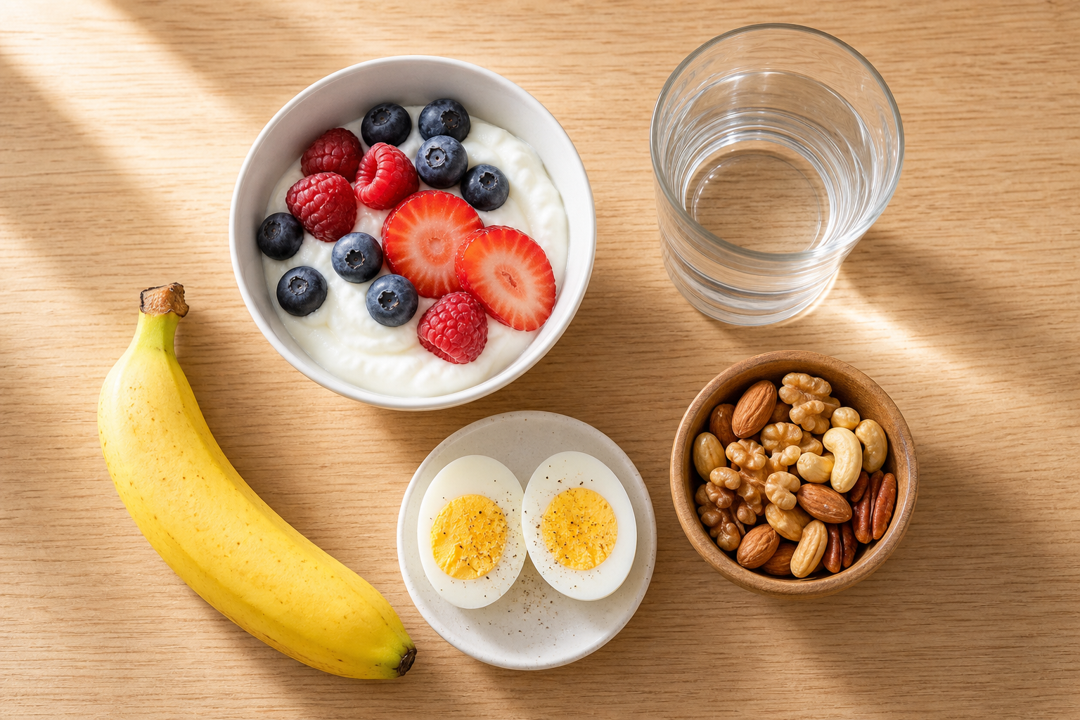 Healthy pre and post workout snacks arranged on a wooden table including yogurt, banana, eggs, and nuts