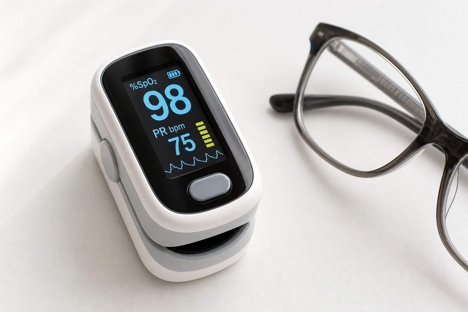 A fingertip pulse oximeter with a clear digital display resting beside reading glasses on a white surface