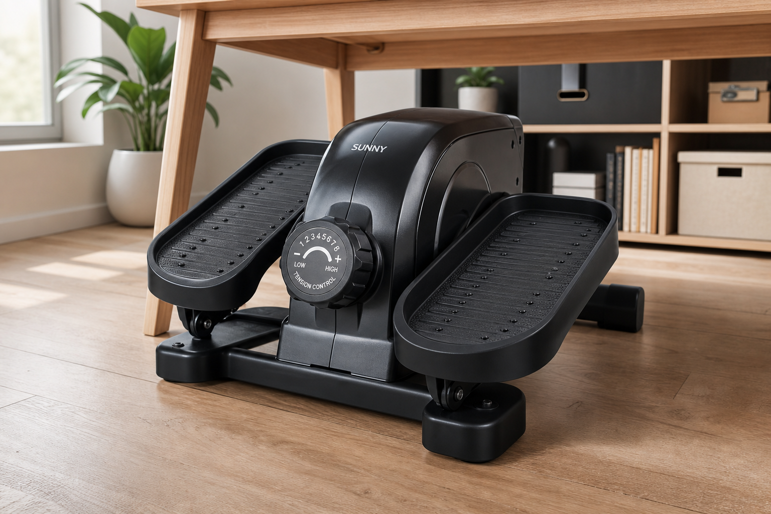 Close-up of a compact under-desk elliptical machine showing foot pedals and resistance dial