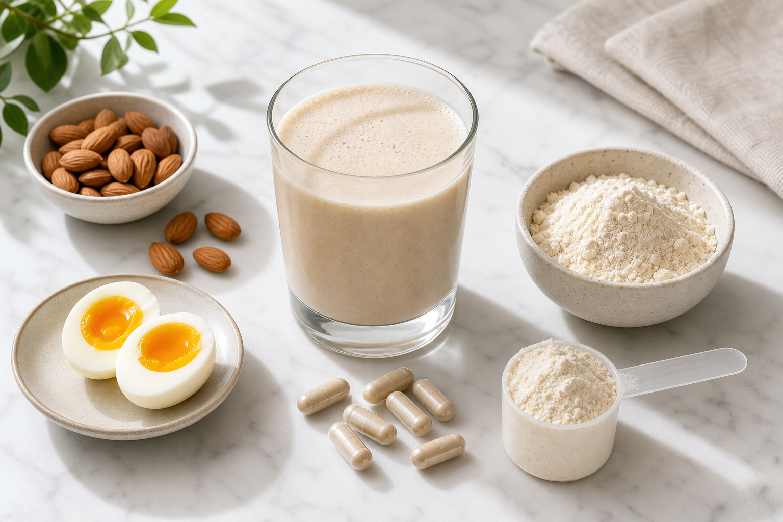 Assortment of protein supplement forms including powder, shake, and capsules on a marble countertop