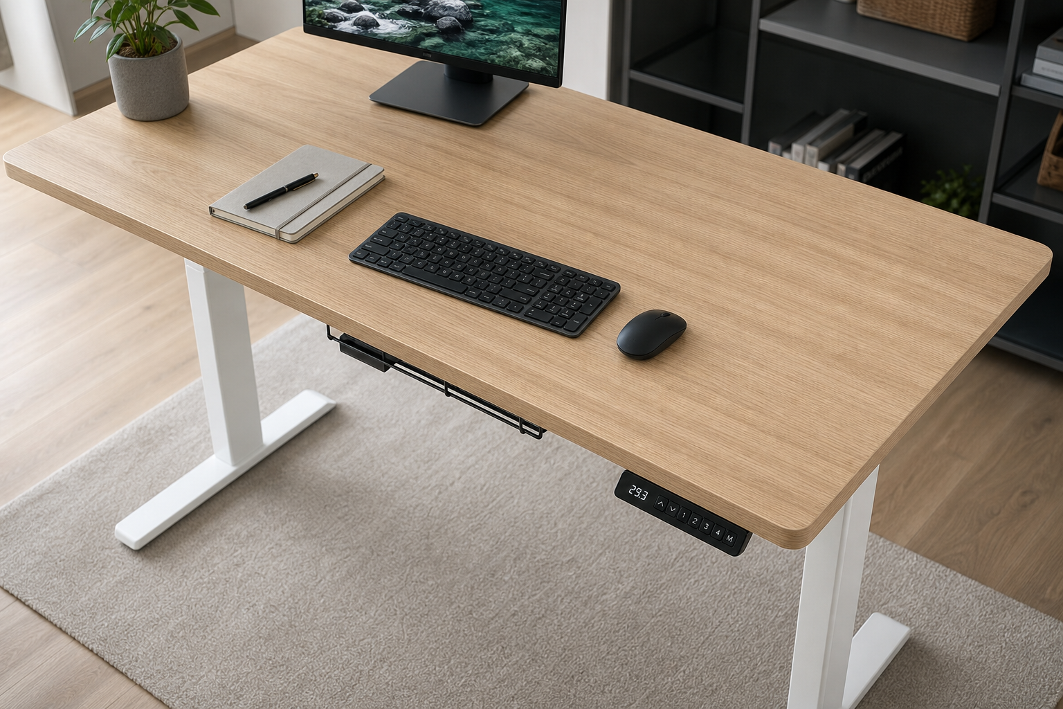 Close-up of an electric standing desk showing height control panel and sturdy frame