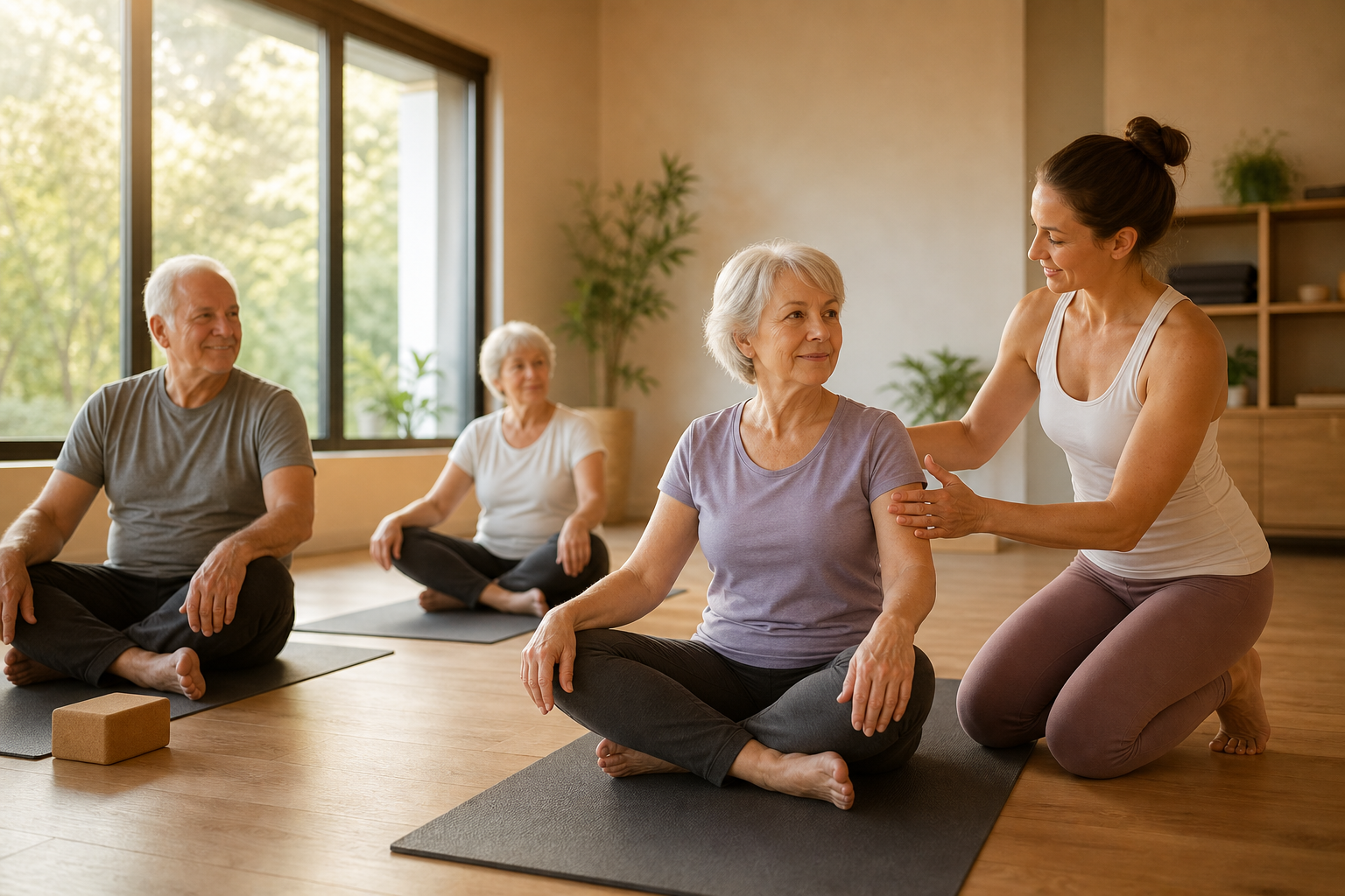 Older adults in a beginner yoga class receiving guidance from an instructor in a peaceful studio