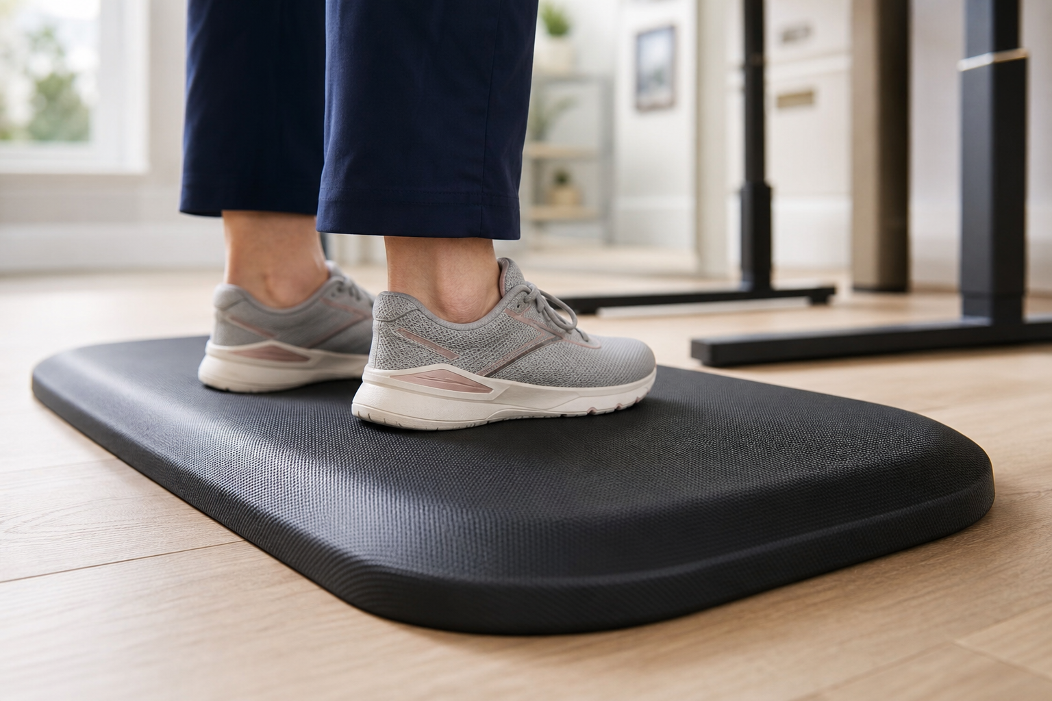 Older adult standing on a thick anti-fatigue mat in front of a standing desk