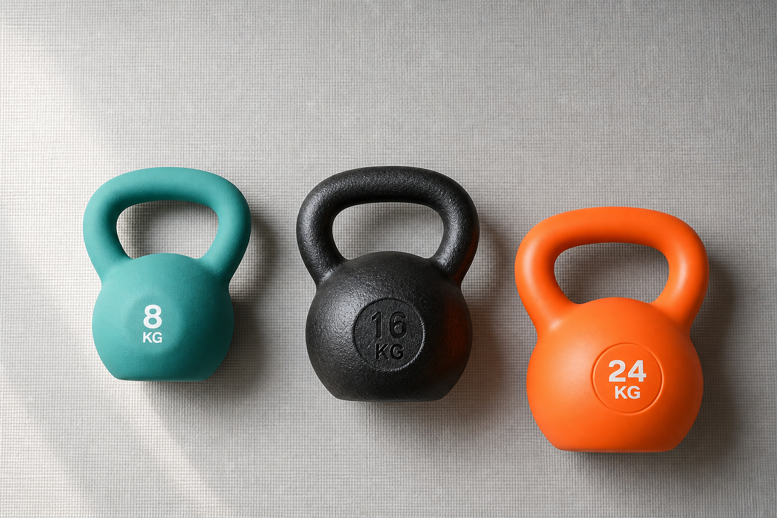 Three different types of kettlebells arranged side by side on a gray gym mat showing variety in material and style