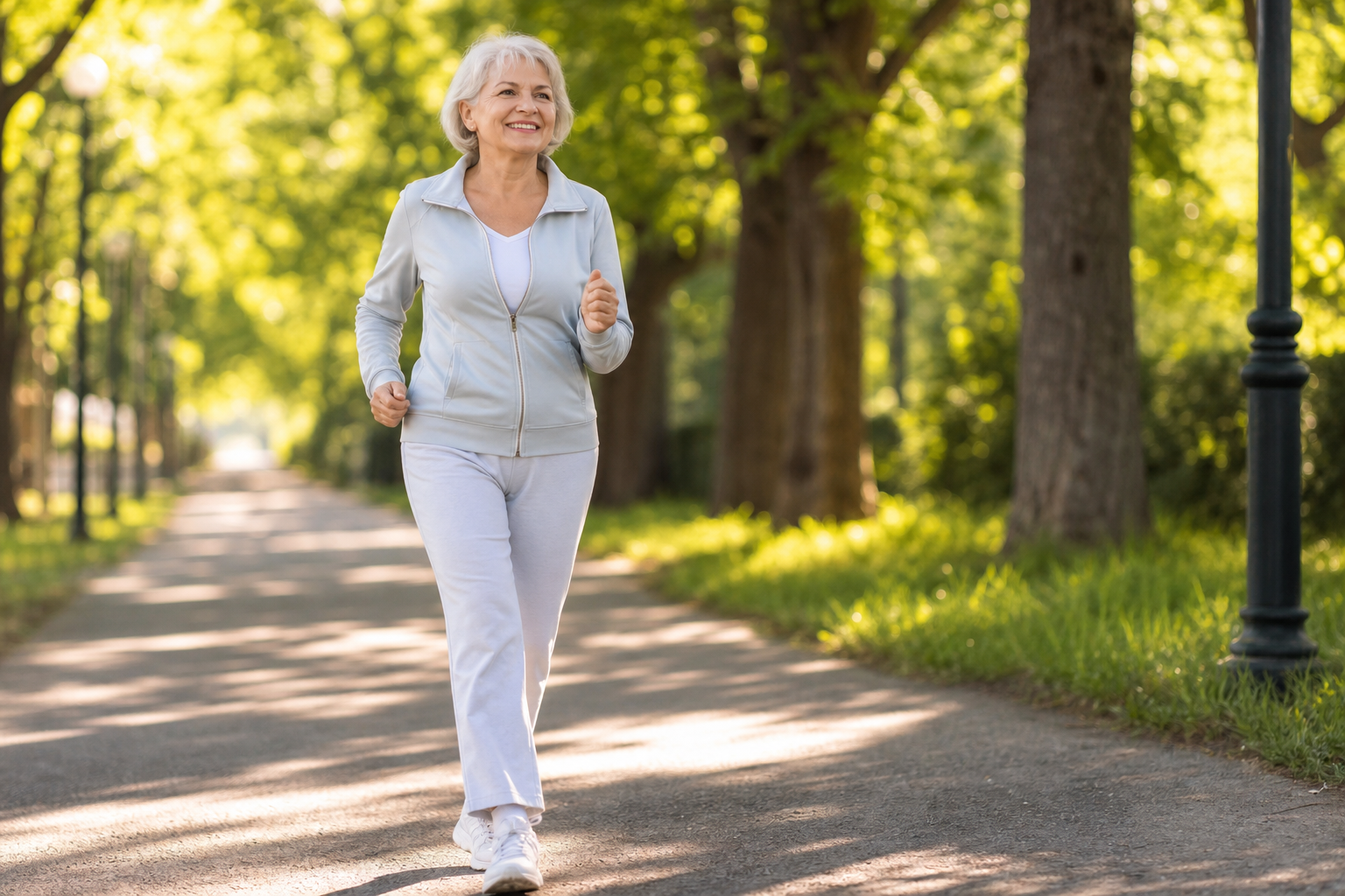 Senior woman walking briskly along a sunny park path