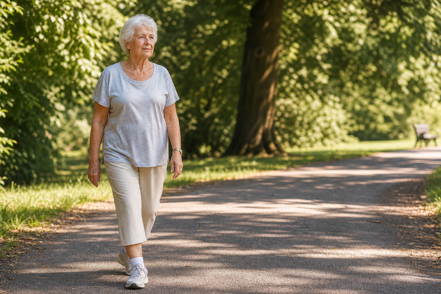 Elderly woman walking alone on a sunny park path
