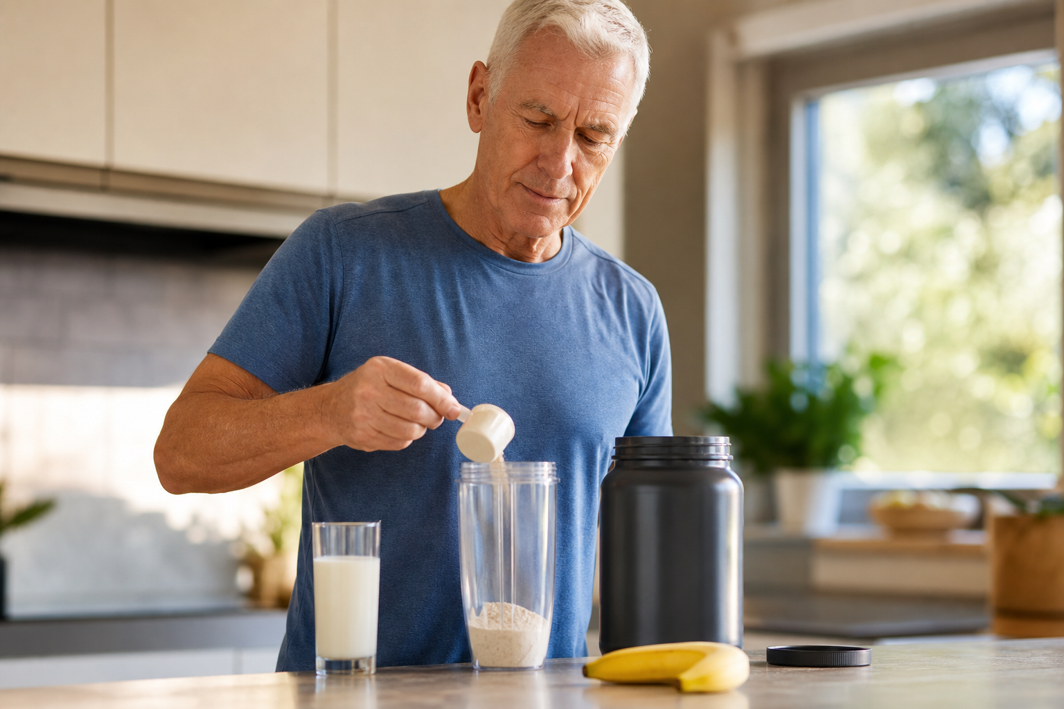 An older man preparing a protein supplement shake in a bright kitchen with natural morning light