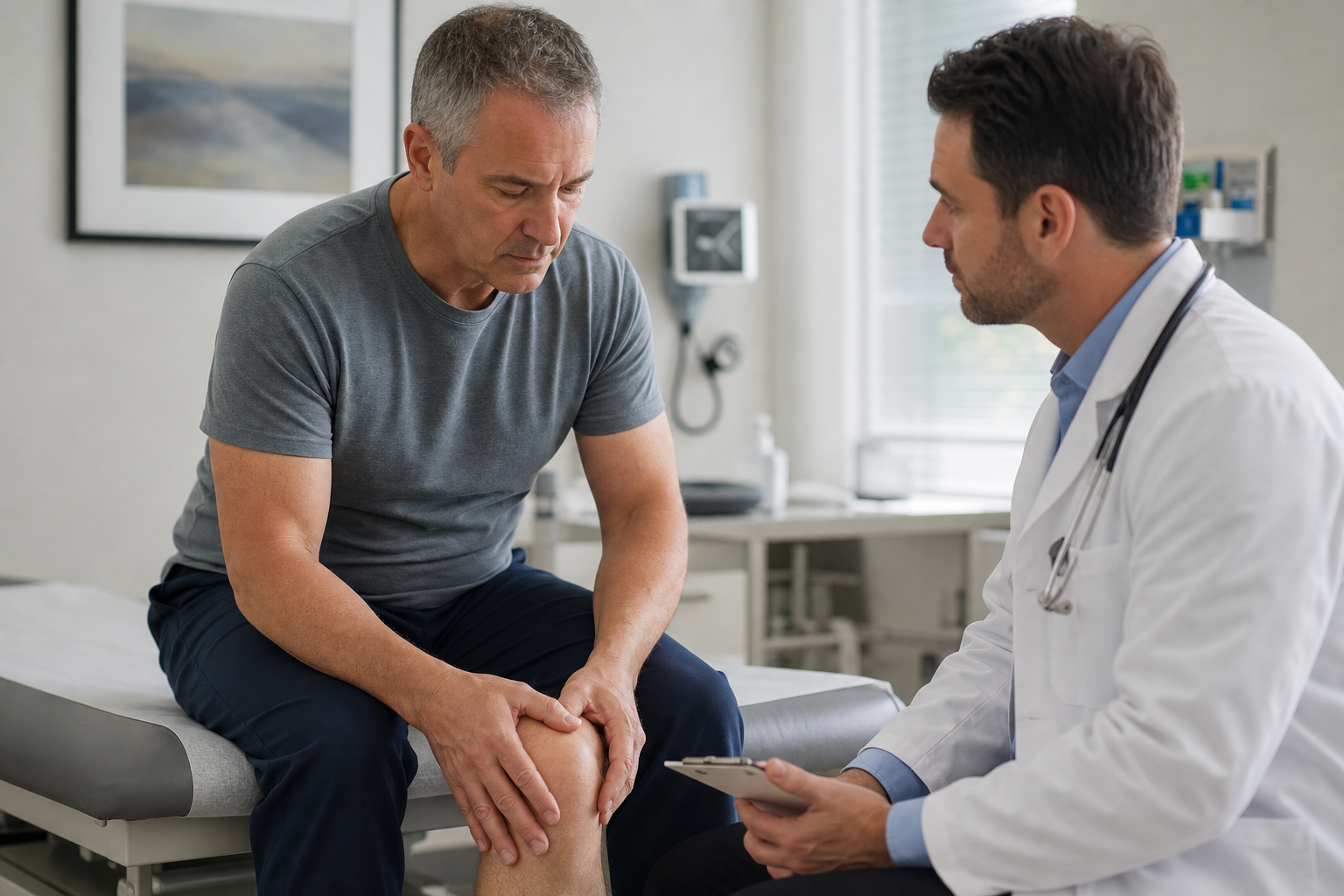 Patient discussing joint pain with a doctor in a medical office
