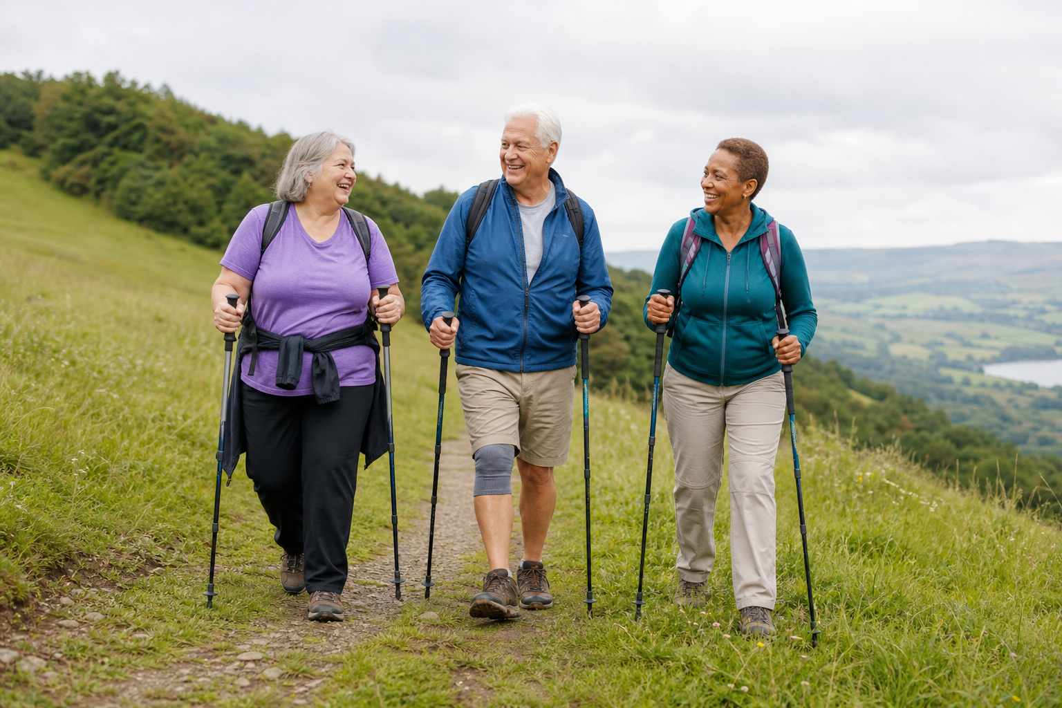 Diverse group of seniors with different mobility needs using walking poles on a trail