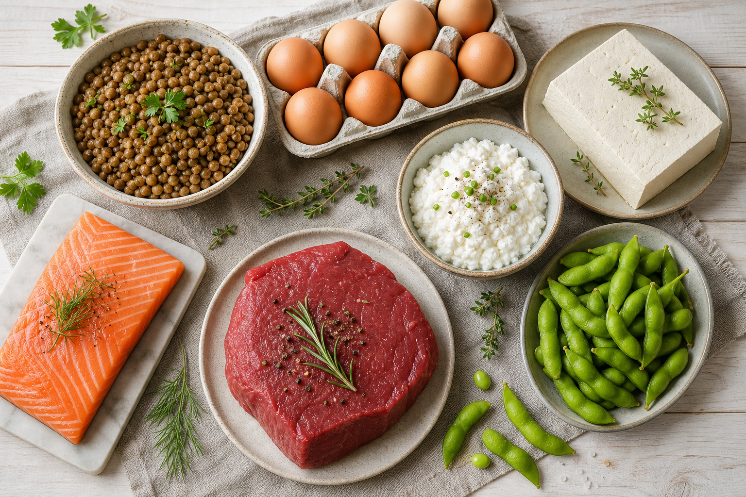 Flat lay of whole protein food sources including salmon, eggs, lentils, tofu, and cottage cheese