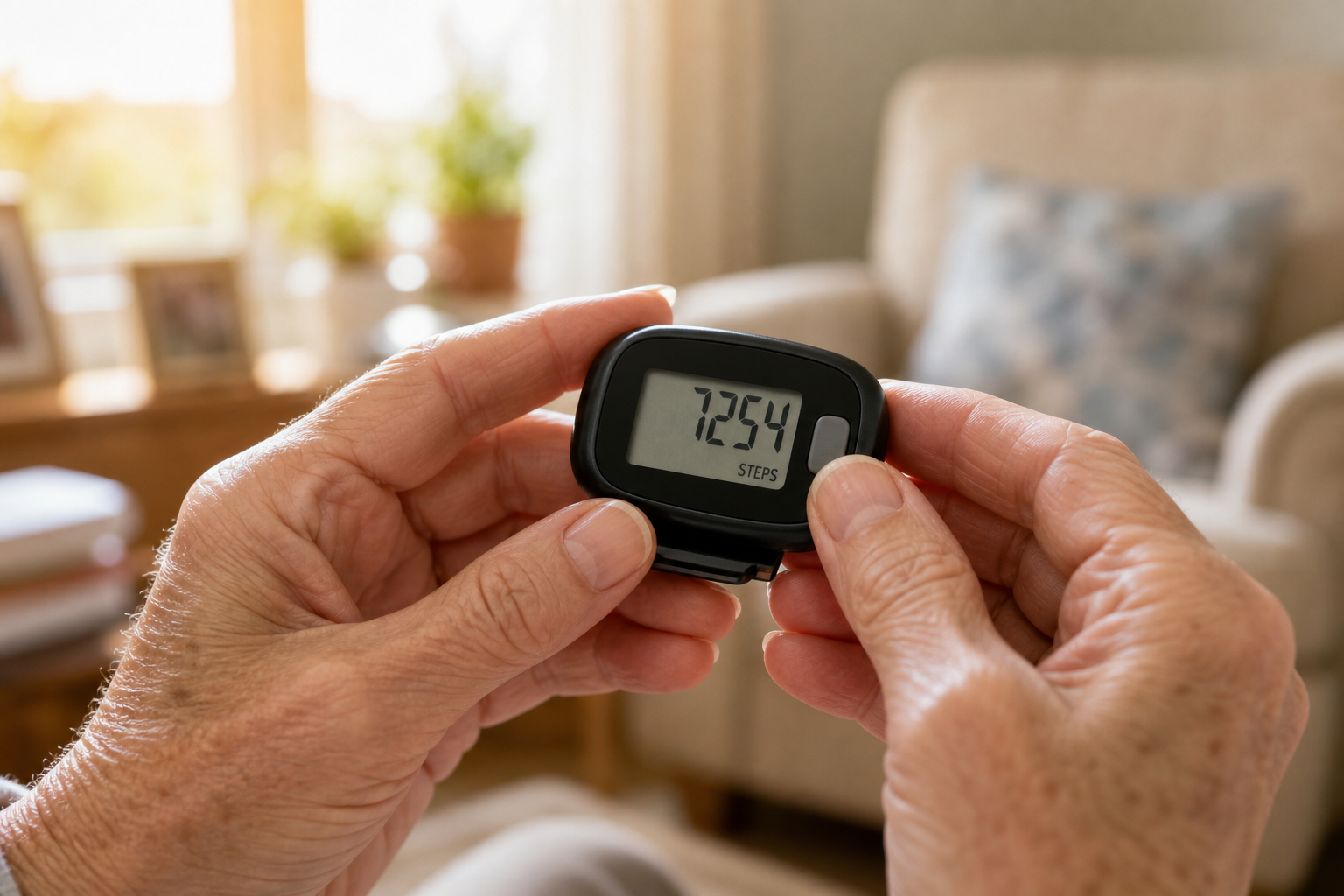 Elderly hands holding a simple digital pedometer indoors
