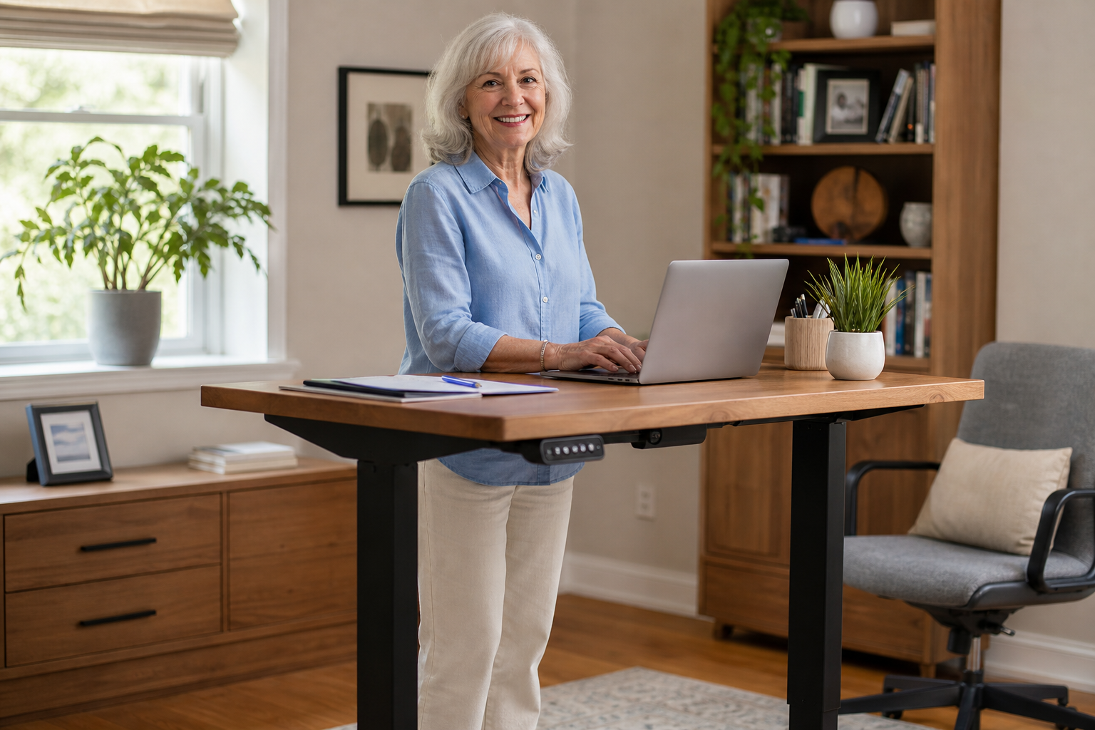 Senior woman standing at an adjustable desk in a bright home office